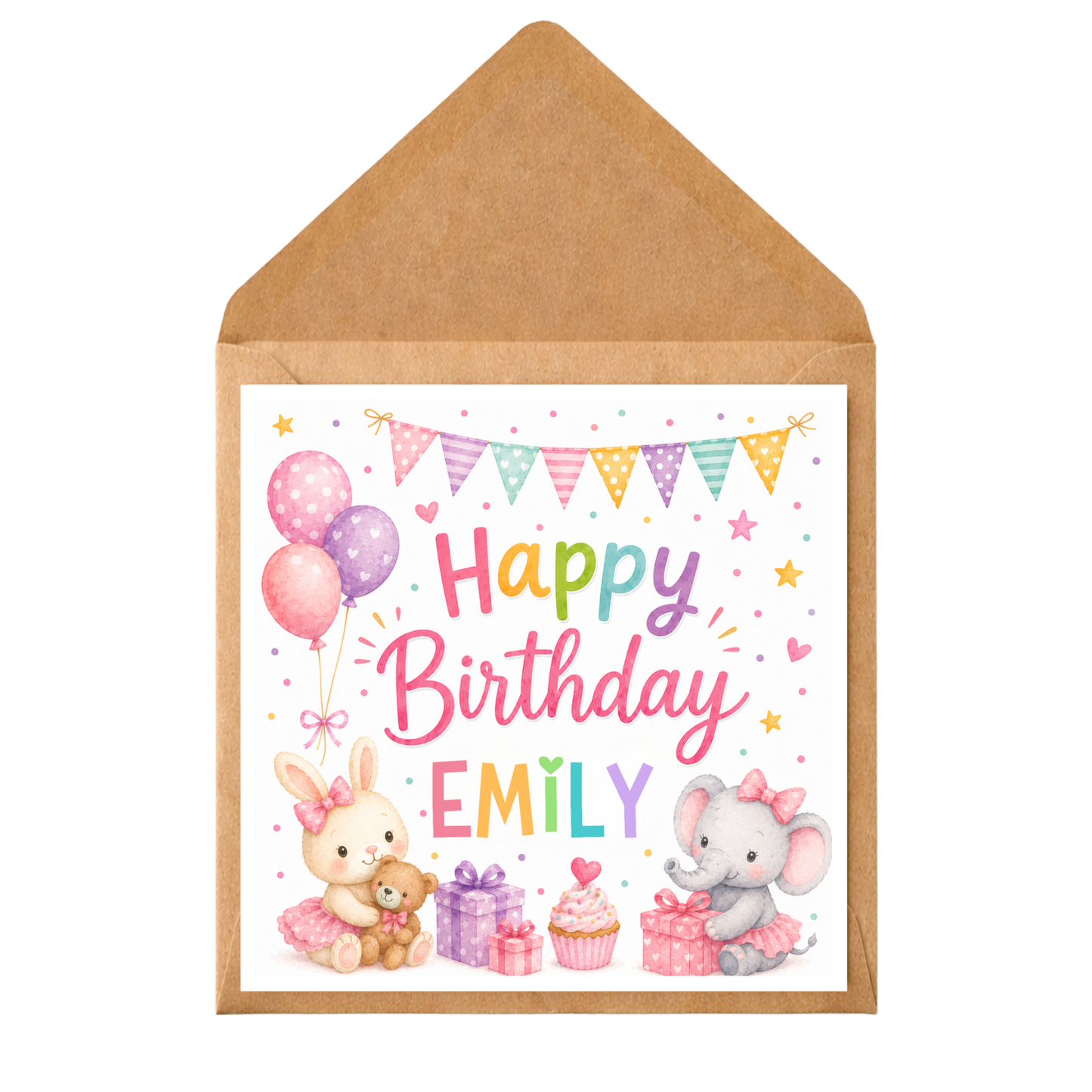 Personalised Birthday Card for Girls | Cute Bunny & Elephant Birthday Card | Custom Name Birthday Card | Pink Birthday Card for Daughter