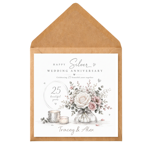 Personalised Silver Wedding Anniversary Card | 25th Anniversary Card for Couple | Custom Names Anniversary Card | Floral 25 Years Together Card