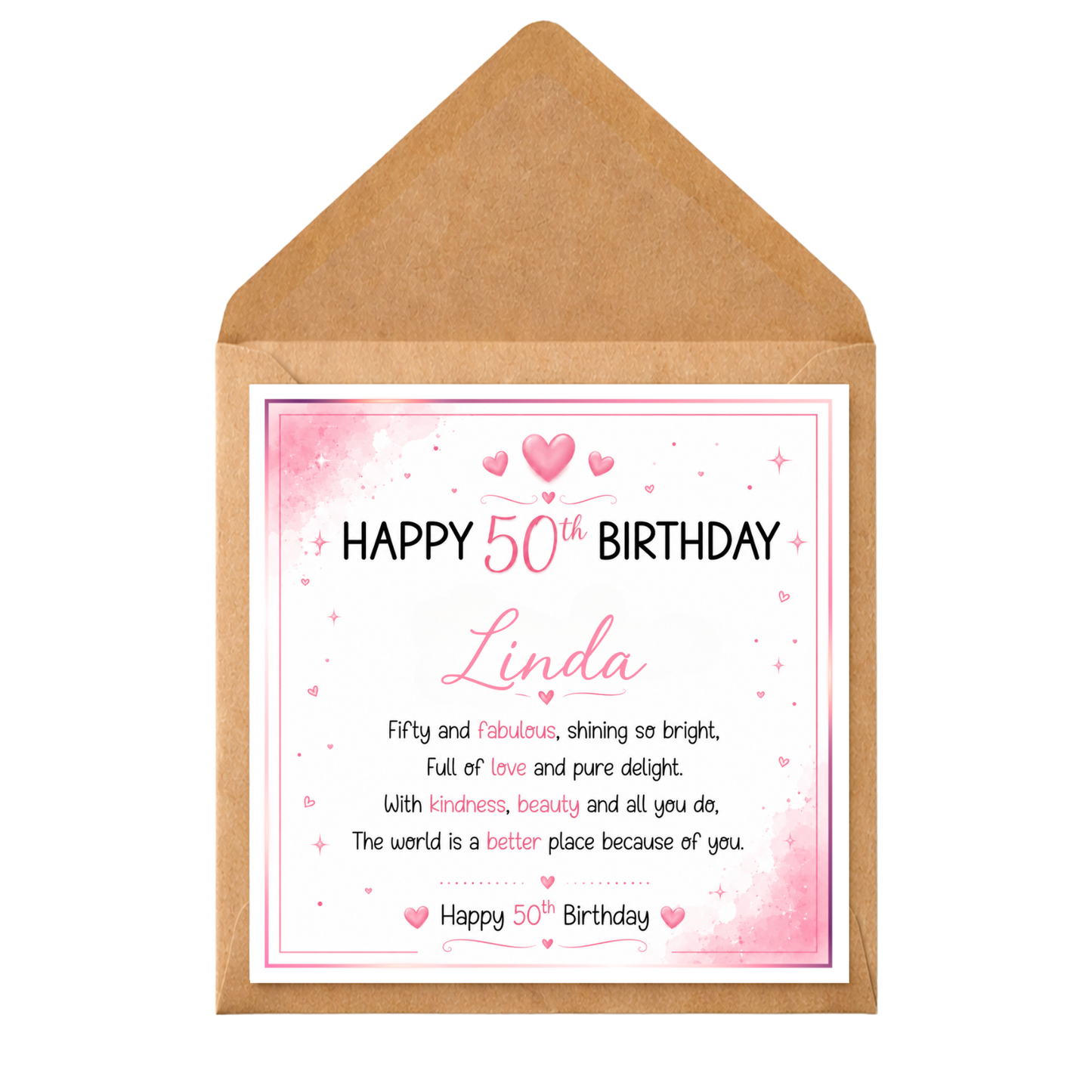 Personalised 50th Birthday Card for Her | Custom Name 50th Birthday Card | Pink Elegant Milestone Birthday Card | Fifty & Fabulous Card