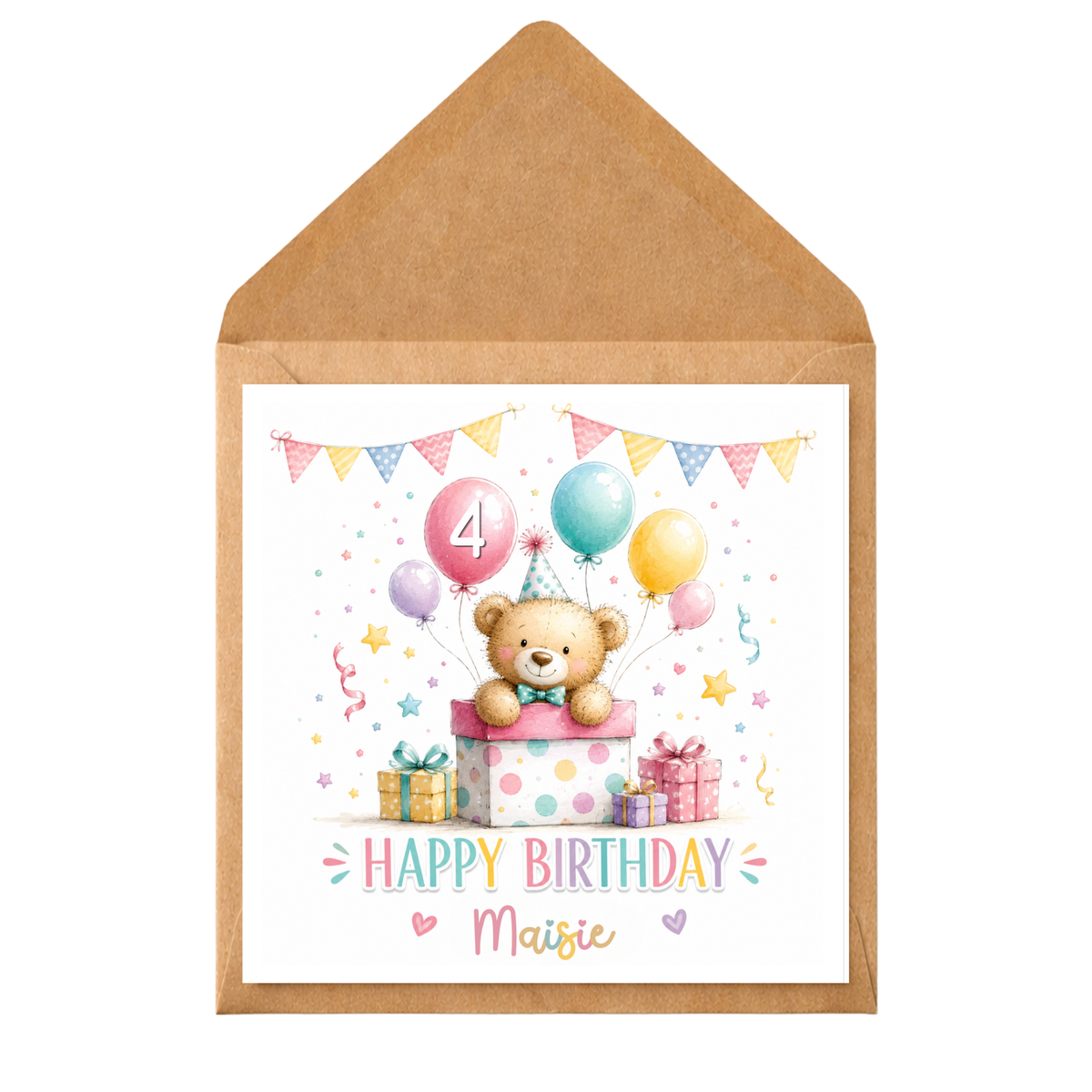 Personalised Teddy Bear Birthday Card | Any Age Birthday Card | Cute Bear & Balloons Card | Children’s Birthday Card | Custom Name Card