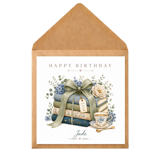 Personalised Book Lover Birthday Card | Floral Tea Cup Birthday Card | Reader Birthday Card for Her | Custom Name Birthday Card | Blue Book Stack Card