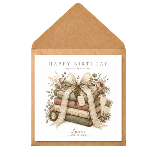 Personalised BPersonalised Vintage Book Lover Birthday Card | Shabby Chic Birthday Card for Her | Reader Gift Card | Custom Name Floral Book Stack Card