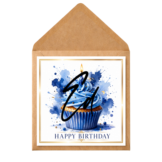 Personalised Blue Cupcake Birthday Card • Any Name Birthday Card • Boys Birthday Card • Men’s Birthday Card • Custom Name Cupcake Card