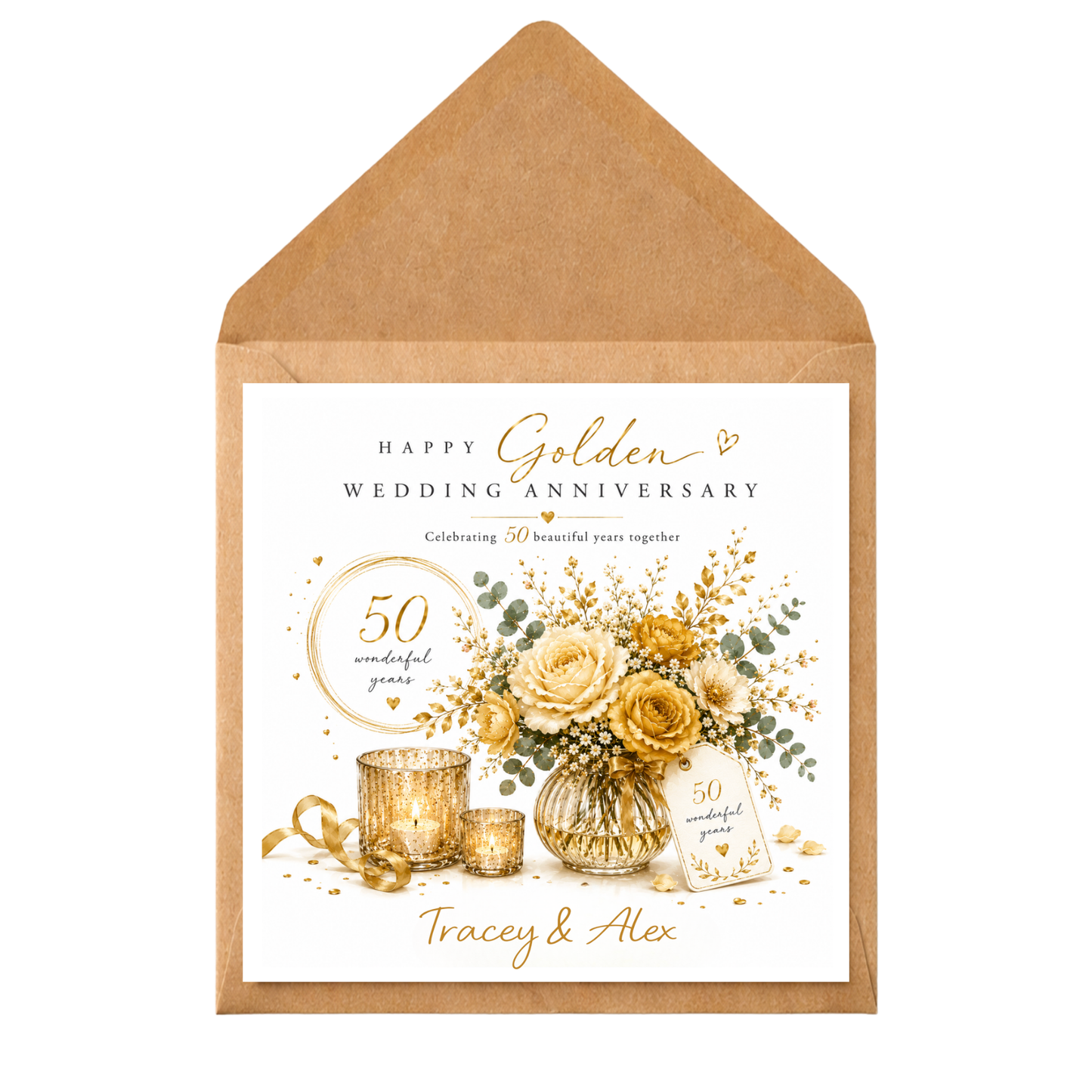 Personalised Golden Wedding Anniversary Card | 50th Anniversary Card for Couple | Custom Names Anniversary Card | Elegant Gold Floral Design