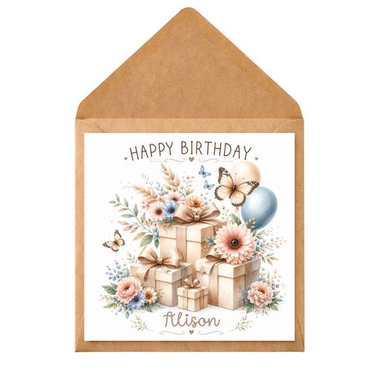 Personalised Birthday Card With Name | Elegant Floral Gift Box Birthday Card | Custom Any Recipient Birthday Card | Neutral Birthday Card