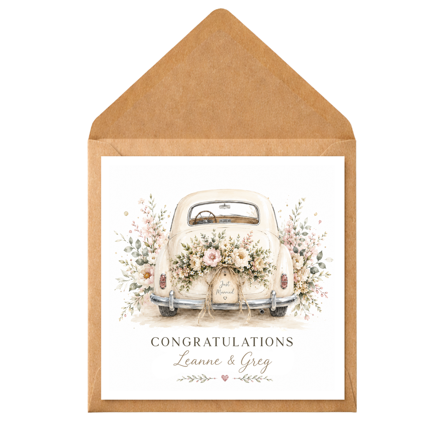 Personalised Wedding Congratulations Card, Vintage Wedding Car Card, Just Married Card, Custom Bride & Groom Card, Floral Wedding Card