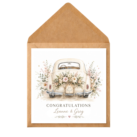 Personalised Wedding Congratulations Card, Vintage Wedding Car Card, Just Married Card, Custom Bride & Groom Card, Floral Wedding Card