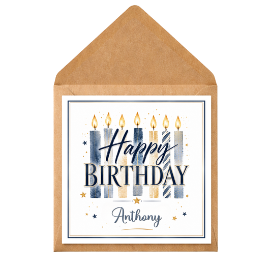 Personalised Birthday Card for Him | Any Name Birthday Card | Blue & Gold Candle Birthday Card | Husband Dad Son Brother Friend Birthday Card