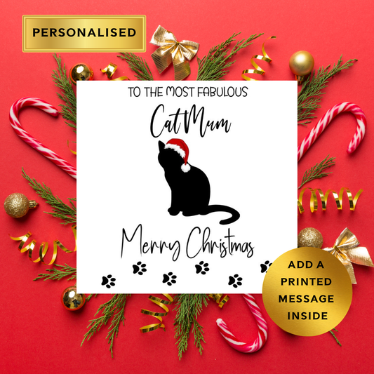 Personalised Cat Mum Christmas Card – Festive Silhouette Cat with Santa Hat