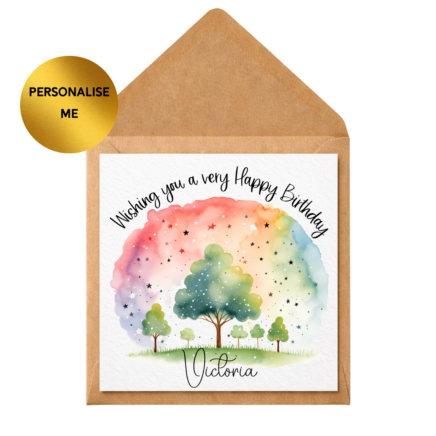 Personalised Birthday Card Any Name, Rainbow Tree Birthday Card, Custom Name Card, Watercolour Birthday Card, Female Birthday Card, Special Friend