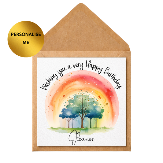 Personalised Rainbow Birthday Card, Custom Name Birthday Card, Watercolour Tree Card, Any Age Birthday Card, Colourful Birthday Card for Her