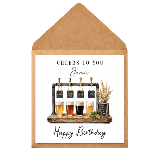 Beer Lover Birthday Card | Personalised Cheers To You Card | Pint Birthday Card for Him | Watercolour Beer Tap Greeting Card | Custom Name Card