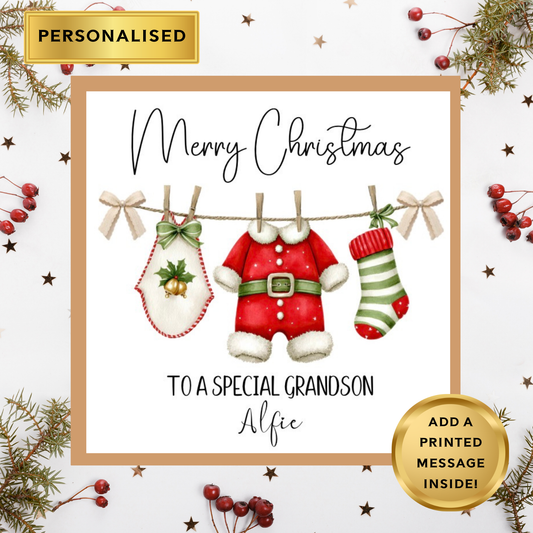 Personalised Christmas Card – Any Relation – Cute Baby Outfit Design – Custom Name Christmas Card – Kids Xmas Card – Printed Message Option