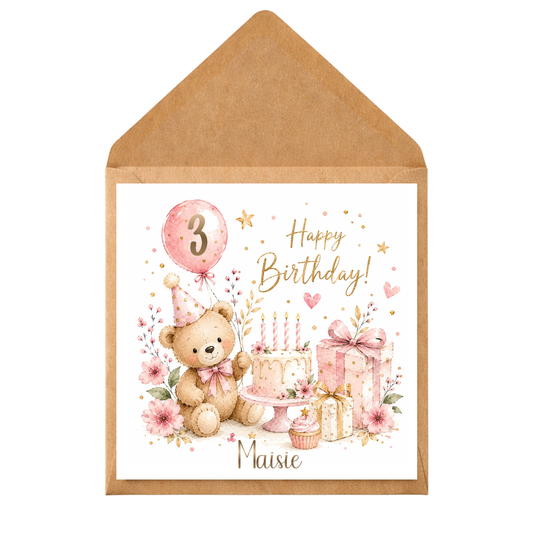 Personalised Birthday Card for Girl Any Age | Teddy Bear Birthday Card | Pink Watercolour Birthday Card | Custom Name Birthday Card