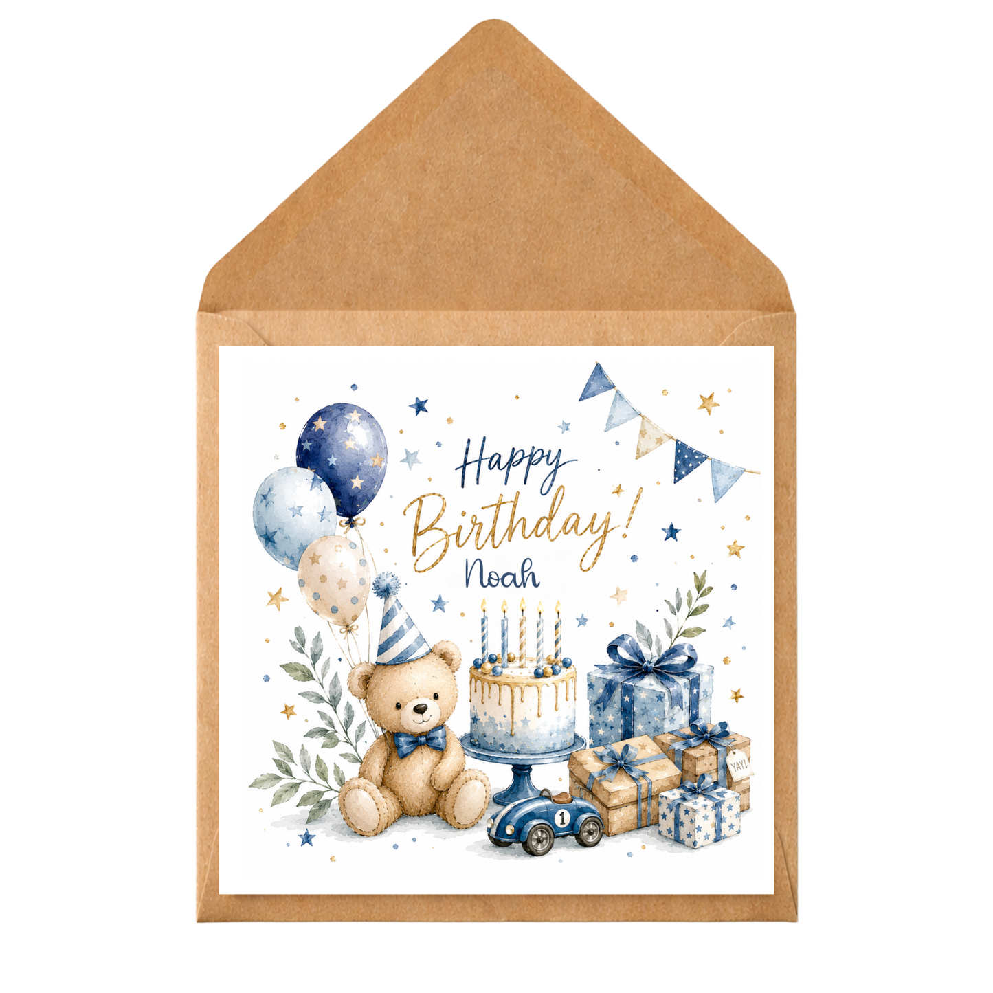 Blue Teddy Bear Birthday Card for Boy | Personalised Watercolour Birthday Card | Cute Bear & Balloons Birthday Card | Any Age