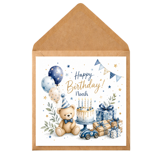 Blue Teddy Bear Birthday Card for Boy | Personalised Watercolour Birthday Card | Cute Bear & Balloons Birthday Card | Any Age