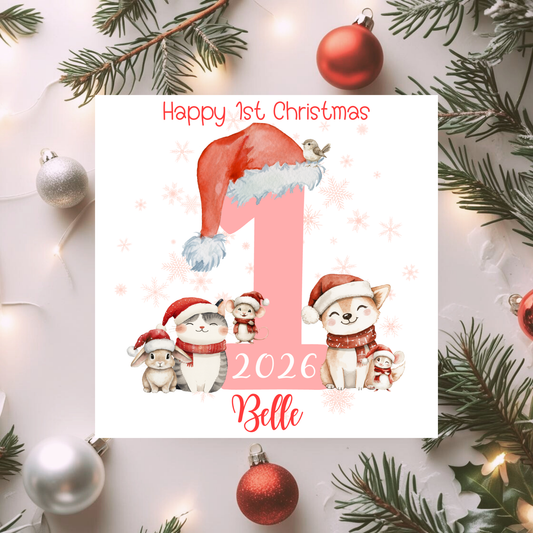 Personalised Baby’s 1st Christmas Card | 2025 First Christmas Card for Boy or Girl | Cute Animal Festive Keepsake Card