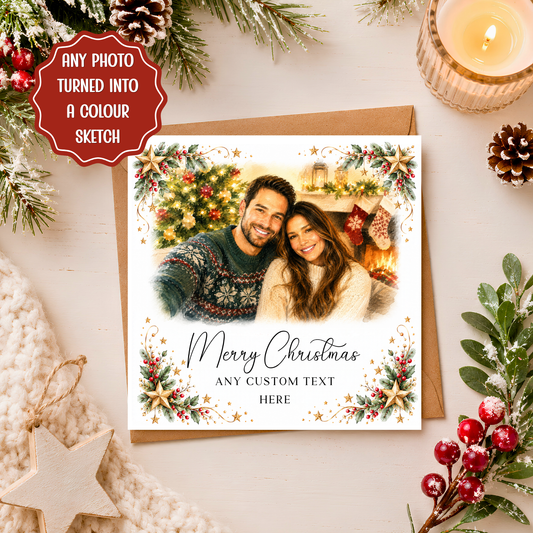 Personalised Photo Christmas Card, Custom Colour Sketch Portrait, Photo to Drawing Xmas Card, Family Couple Pet Christmas Keepsake