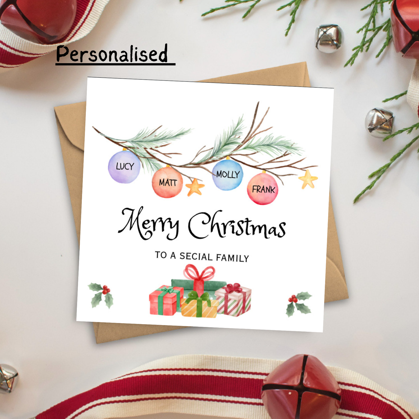 Personalised Family Christmas Card – Custom Names Bauble Design – Special Family Holiday Greeting