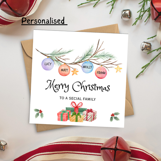 Personalised Family Christmas Card – Custom Names Bauble Design – Special Family Holiday Greeting