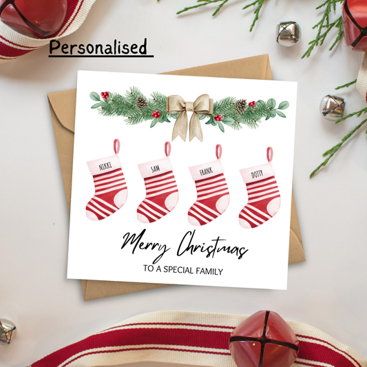Personalised Family Christmas Card – Custom Stocking Names, Special Family Xmas Card, Festive Holiday Greeting