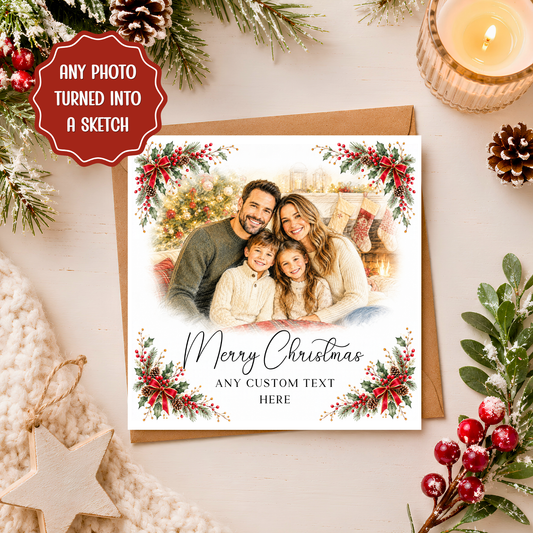 Personalised Photo Christmas Card, Custom Family Portrait Sketch, Photo to Drawing Xmas Card, Festive Keepsake