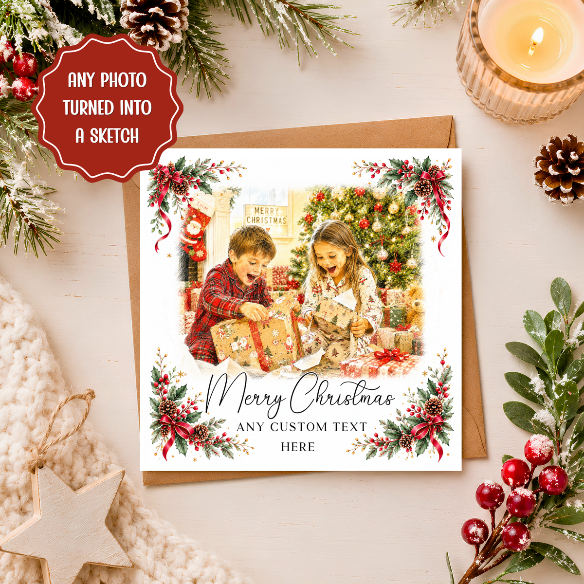 Personalised Photo Christmas Card, Custom Photo Sketch Xmas Card, Family Children Portrait, Festive Keepsake Card