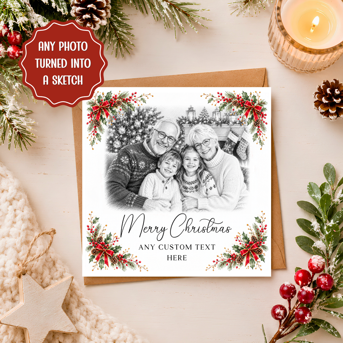 Personalised Photo Christmas Card, Black and White Pencil Sketch, Custom Family Portrait Xmas Card, Christmas Keepsake