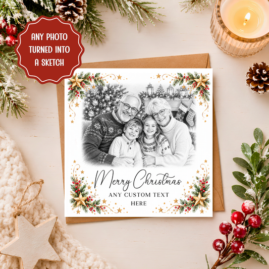 Personalised Photo Christmas Card, Black and White Pencil Sketch, Custom Family Portrait Xmas Card, Christmas Keepsake
