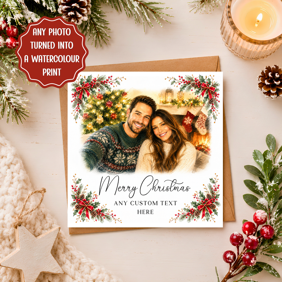 Personalised Photo Christmas Card, Custom Watercolour Portrait Xmas Card, Family Friends Couples Christmas Keepsake