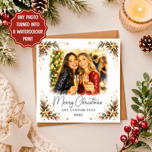 Personalised Photo Christmas Card, Custom Watercolour Portrait Xmas Card, Family Friends Couples Christmas Keepsake