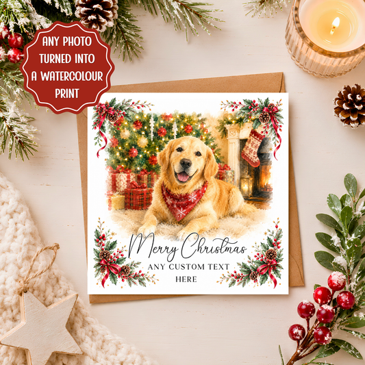 Personalised Photo Christmas Card, Custom Watercolour Portrait Xmas Card, Family Friends Couples Christmas Keepsake