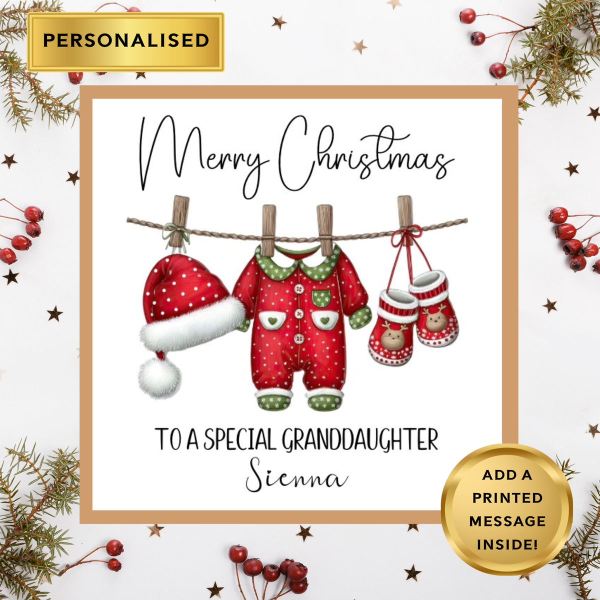 Personalised Christmas Card – Any Relation – Cute Baby Outfit Design – Custom Name Christmas Card – Kids Xmas Card – Printed Message Option