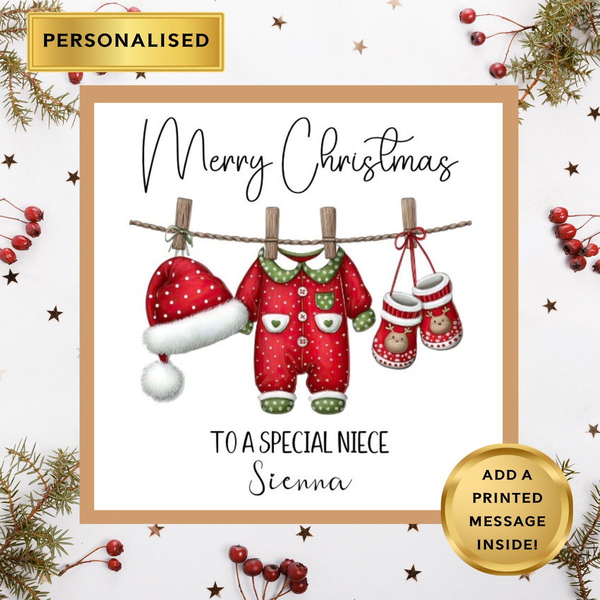 Personalised Christmas Card – Any Relation – Cute Baby Outfit Design – Custom Name Christmas Card – Kids Xmas Card – Printed Message Option