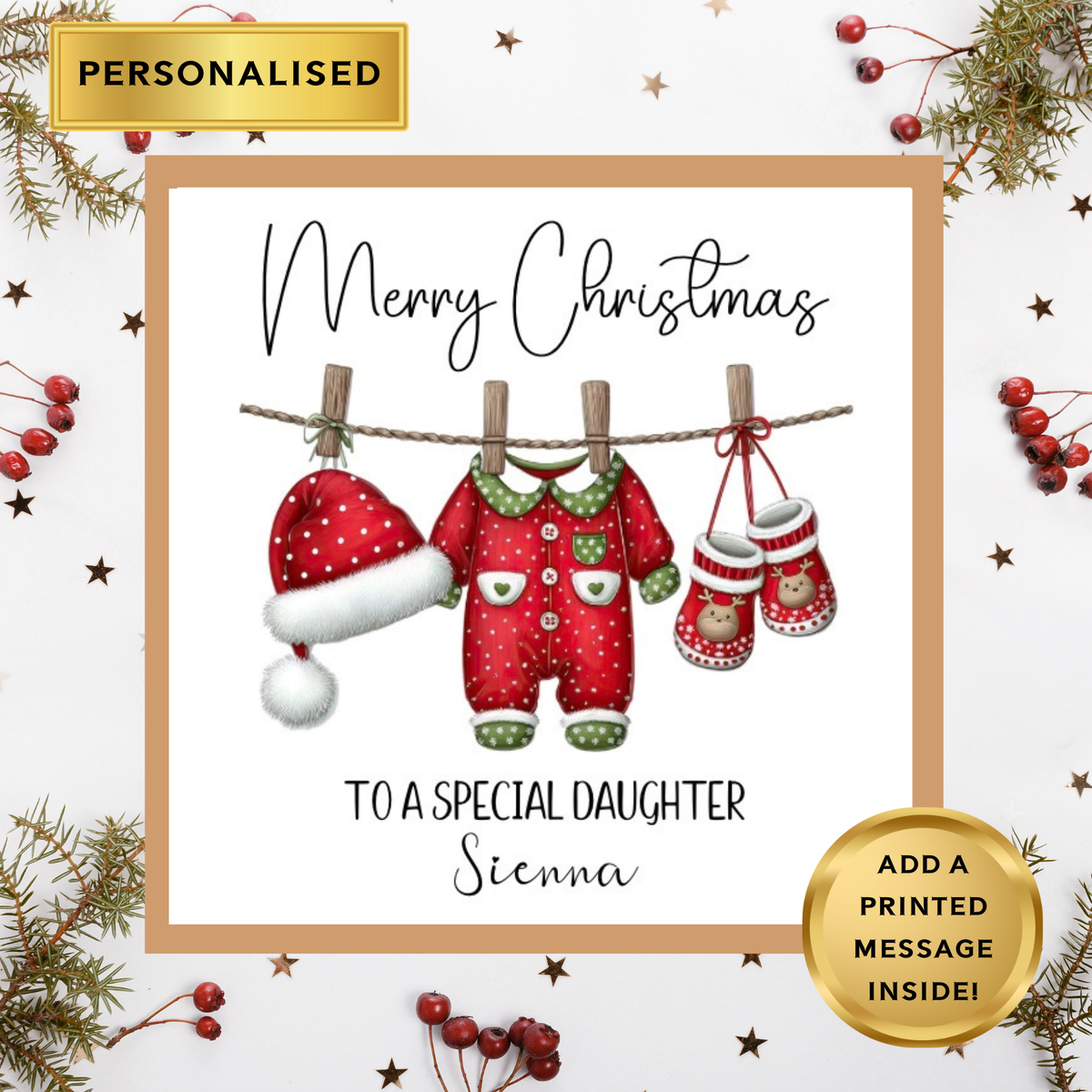 Personalised Christmas Card – Any Relation – Cute Baby Outfit Design – Custom Name Christmas Card – Kids Xmas Card – Printed Message Option