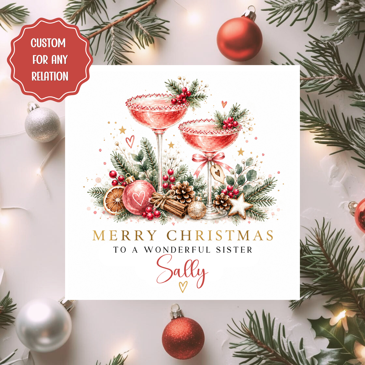 Personalised Christmas Card for Any Relation, Custom Name Xmas Card, Festive Cocktail Card for Her