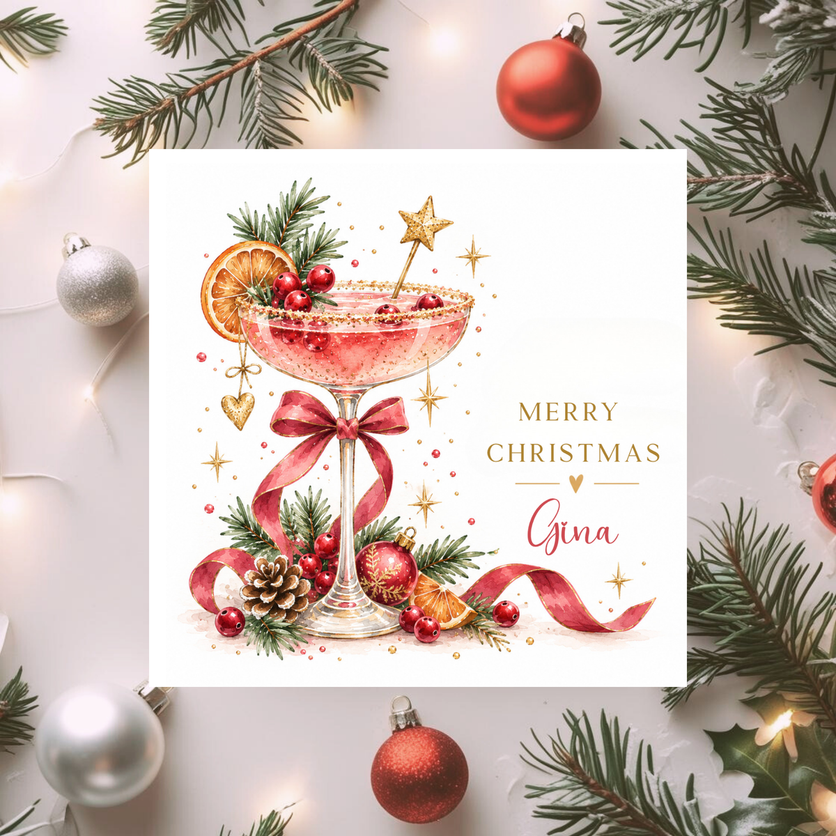 Personalised Christmas Cocktail Card, Custom Name Xmas Card for Her, Festive Cocktail Card, Christmas Card for Friends and Family