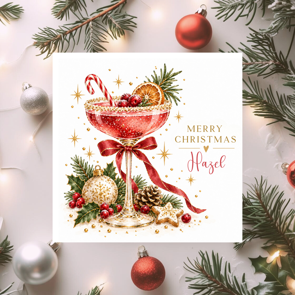 Personalised Christmas Cocktail Card, Custom Name Xmas Card for Her, Festive Cocktail Card, Christmas Card for Friends and Family