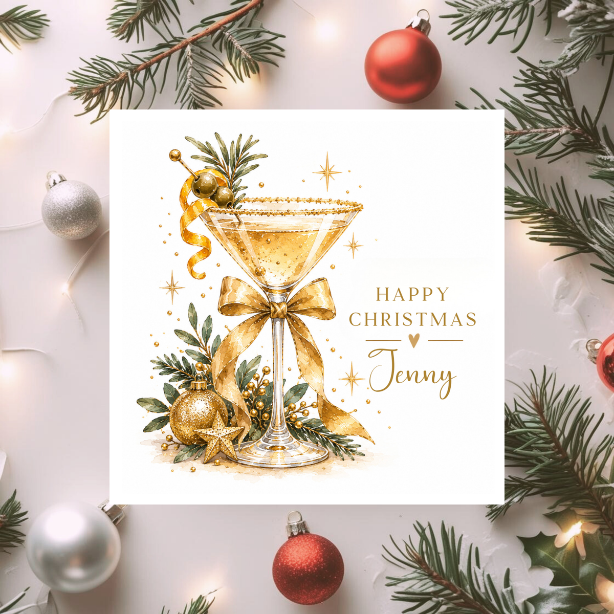 Personalised Christmas Cocktail Card, Custom Name Xmas Card for Her, Festive Cocktail Card, Christmas Card for Friends and Family