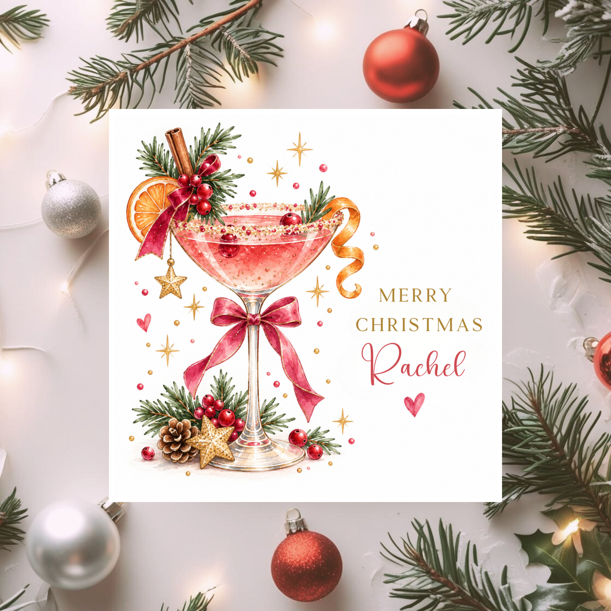 Personalised Christmas Cocktail Card, Custom Name Xmas Card for Her, Festive Cocktail Card, Christmas Card for Friends and Family