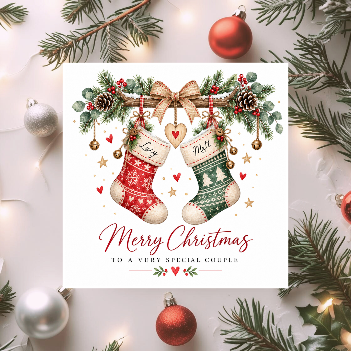 Personalised Couple Christmas Card, Custom Name Stockings Card, Christmas Card for Partners, Husband Wife Boyfriend Girlfriend Mum Dad