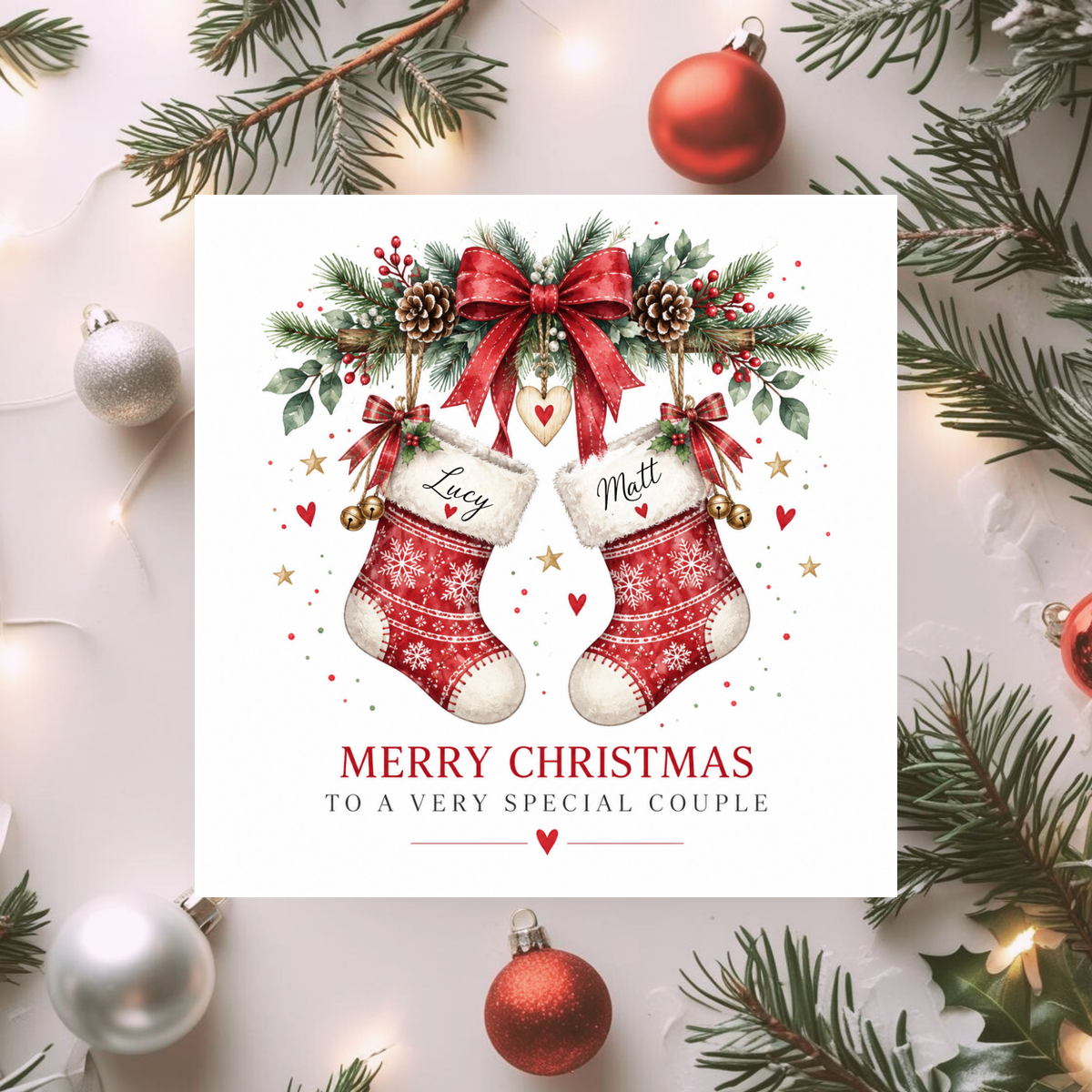 Personalised Couple Christmas Card, Custom Name Stockings Card, Christmas Card for Partners, Husband Wife Boyfriend Girlfriend Mum Dad