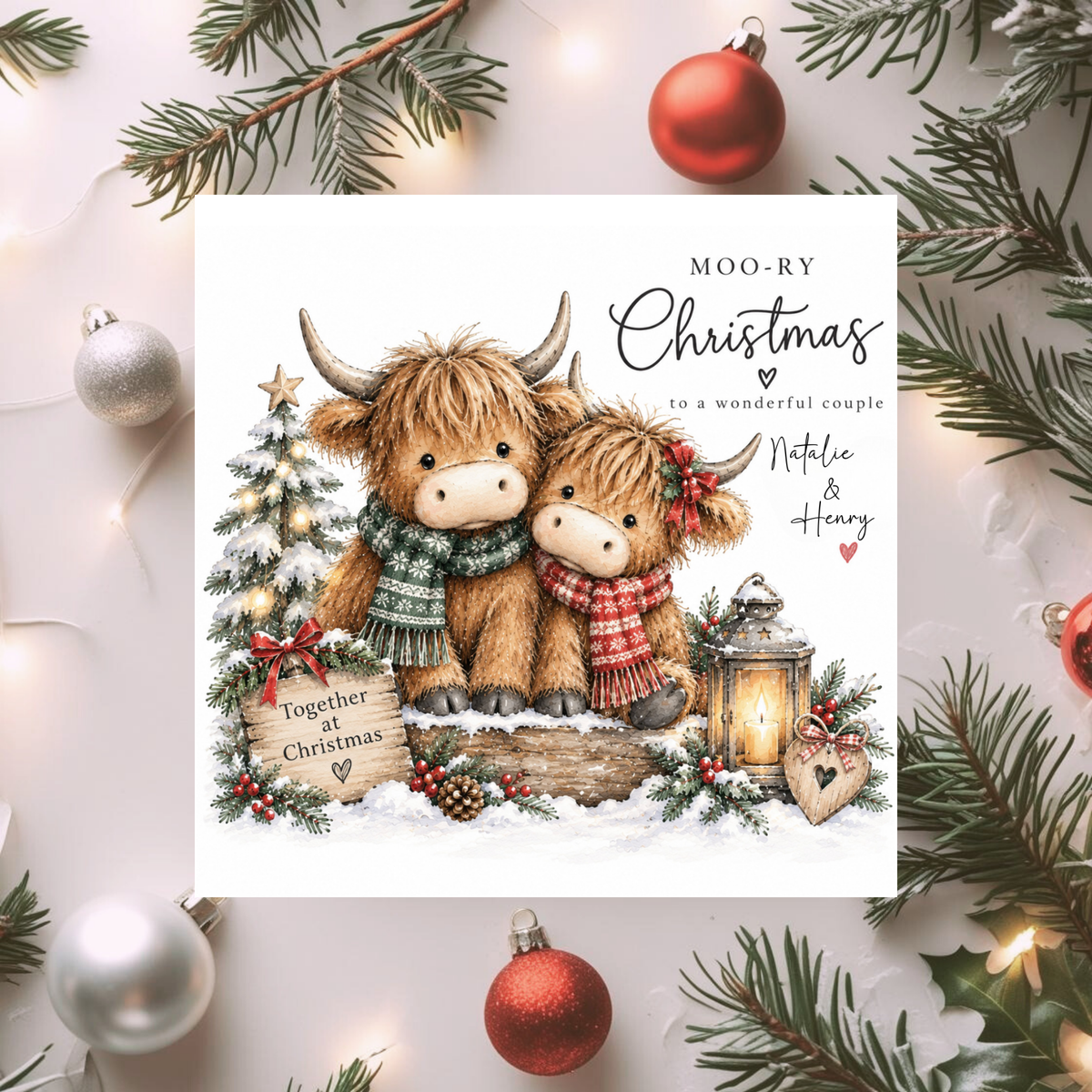 Personalised Highland Cow Christmas Card, Cute Couple Xmas Card, Custom Names, Festive Watercolour Card for Friends & Family