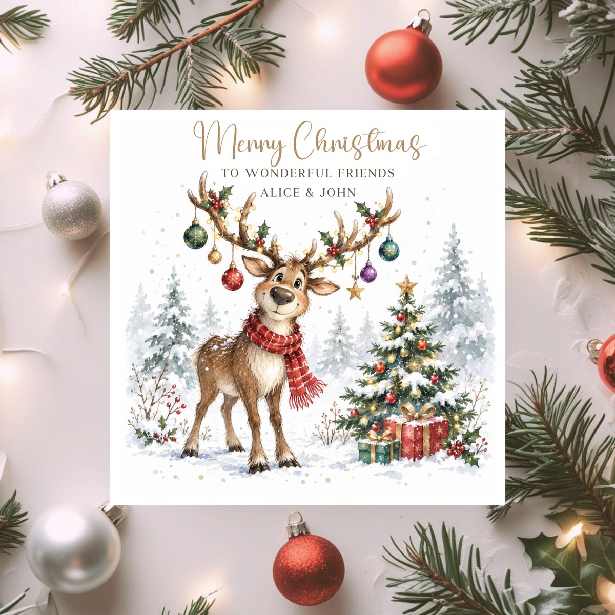 Personalised Christmas Card for Friends, Cute Reindeer Xmas Card, Custom Names, Festive Watercolour Card for Couple or Family