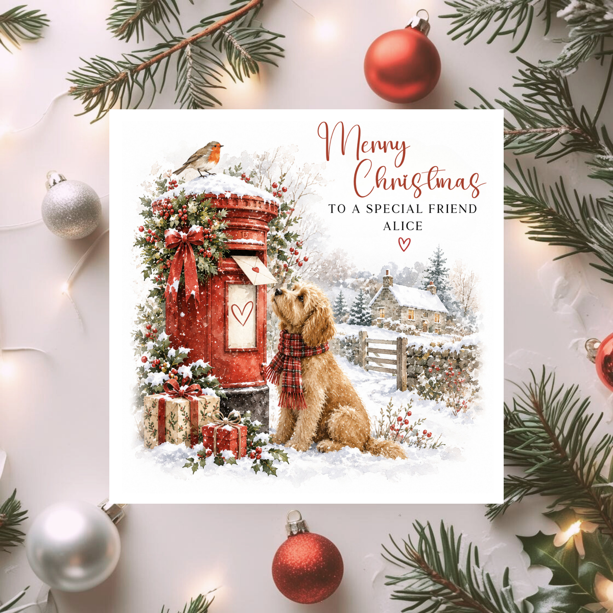 Personalised Christmas Dog Card, Cute Robin & Red Postbox Xmas Card, Christmas Card for Friend, Dog Lover Christmas Greeting, Any Name