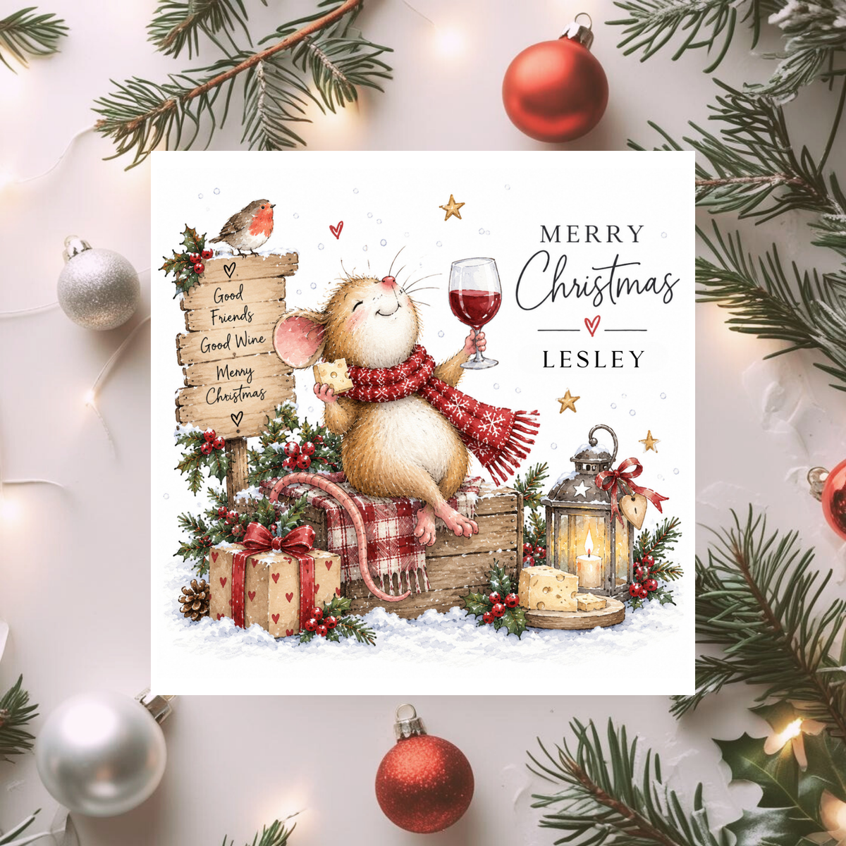 Personalised Funny Christmas Card, Mouse Wine and Cheese Card, Any Relation Xmas Card, Best Friend Card, Wine Lover Gift