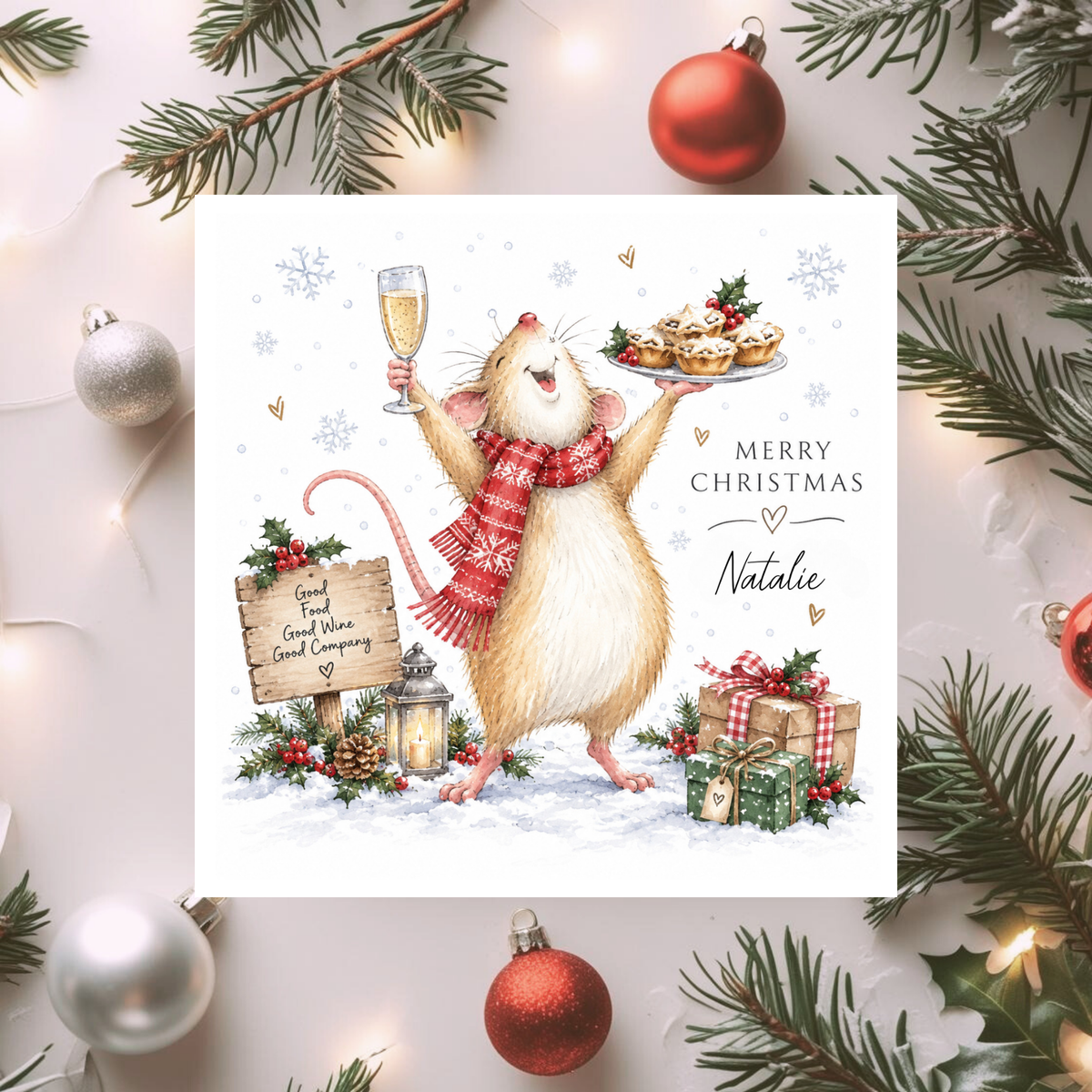 Personalised Funny Christmas Card, Tipsy Mouse Prosecco Card, Any Relation Xmas Card, Good Food Wine and Company Card