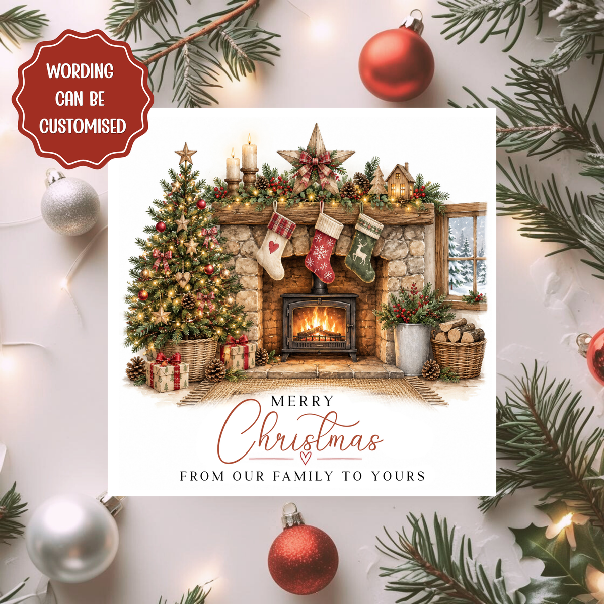 Personalised Family Christmas Card, Cosy Fireplace Xmas Card, From Our Family to Yours, Custom Wording, Traditional Christmas Greeting