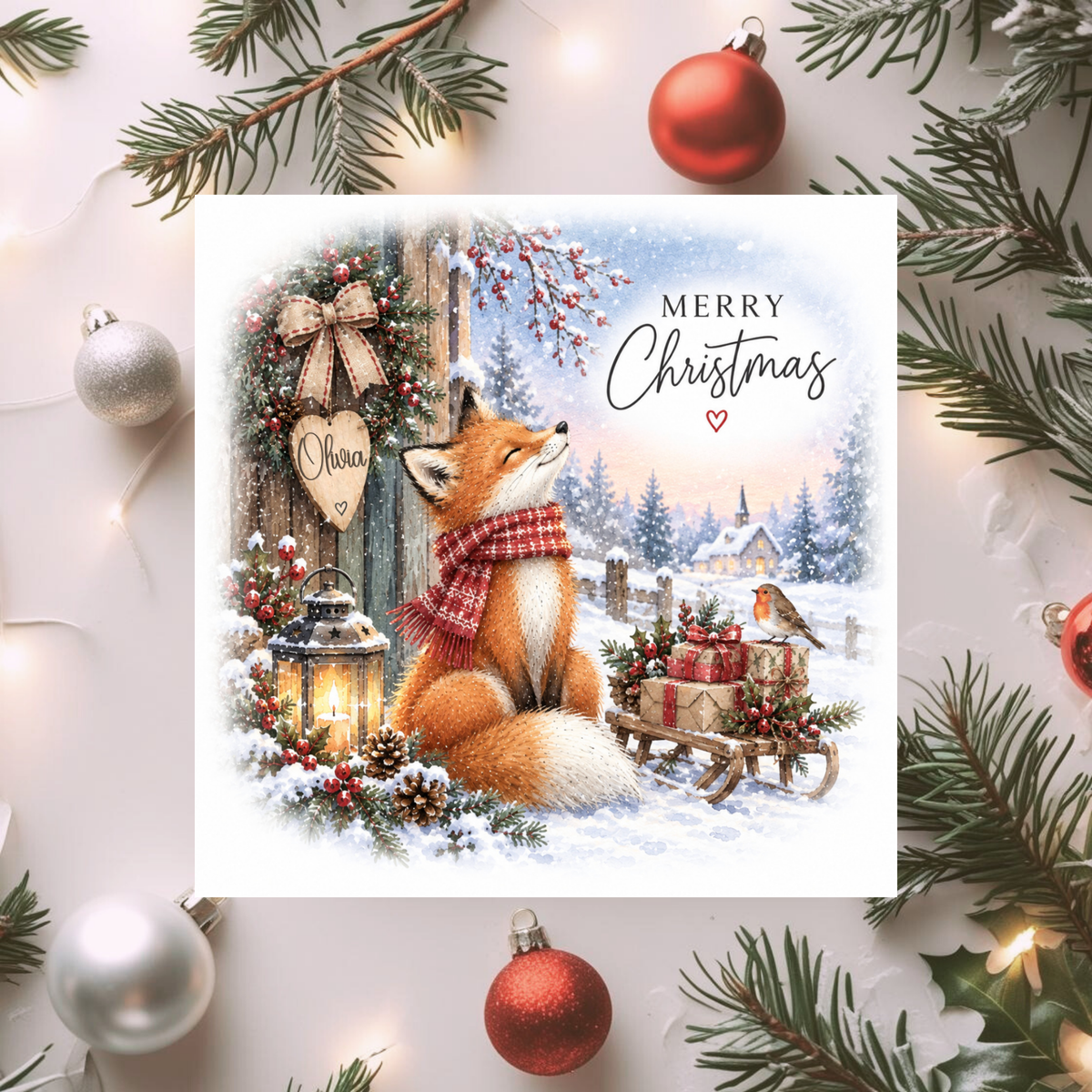 Personalised Fox Christmas Card, Woodland Animal Xmas Card, Cute Robin Card, Name Christmas Card for Her Him or Family
