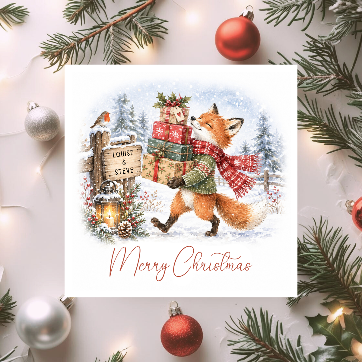 Personalised Couple Christmas Card, Cute Fox Xmas Card, Woodland Christmas Card, Custom Names Card for Couple, Friends or Family